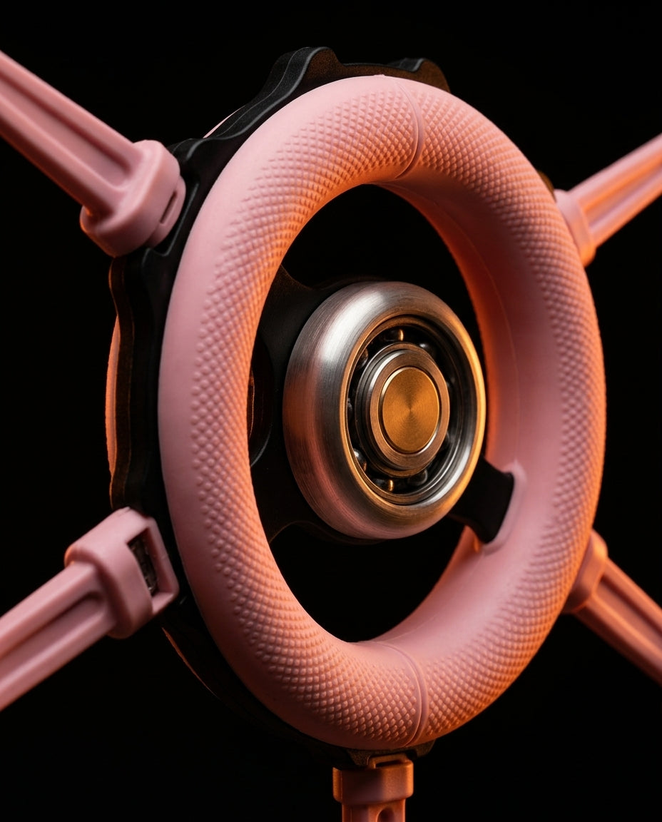 Macro of the textured non-slip grip and gold ball bearing on the rotation trainer