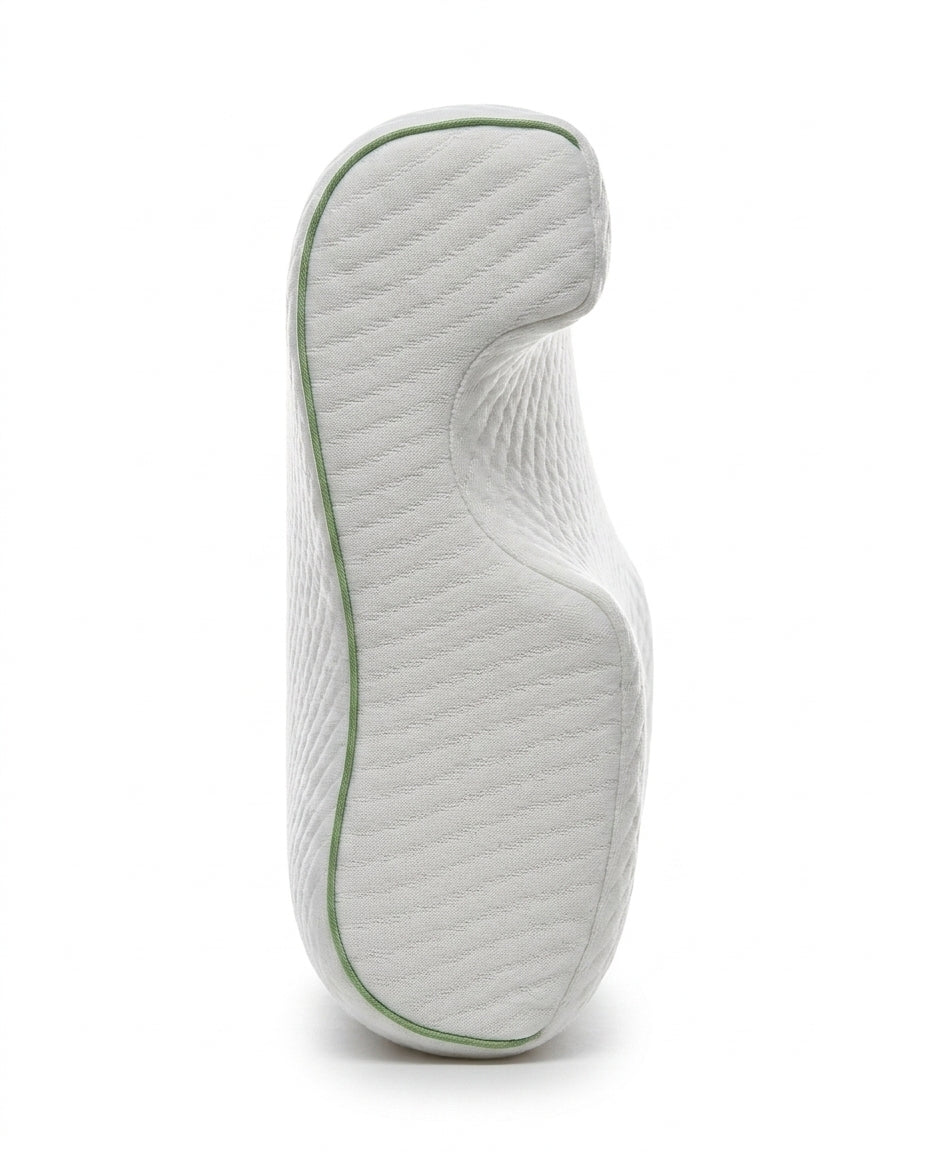 Side profile of the dual-height cervical contour with green piping on the pillow