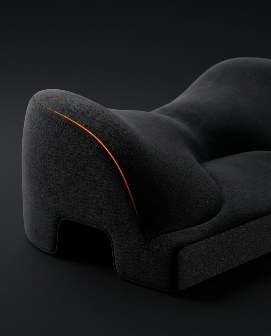 Studio macro of the sculpted black chest bolsters with orange accent line