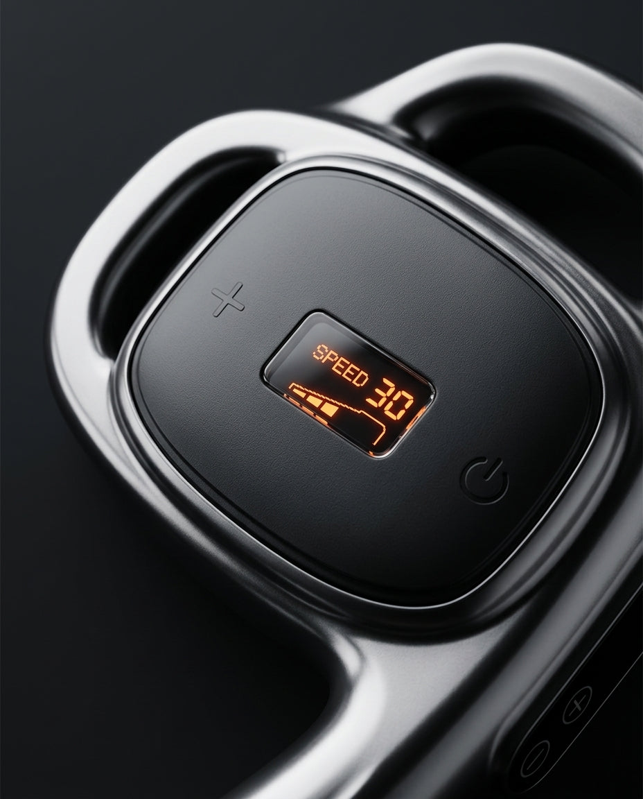 Close-up of the chrome handle and OLED speed display reading speed 30