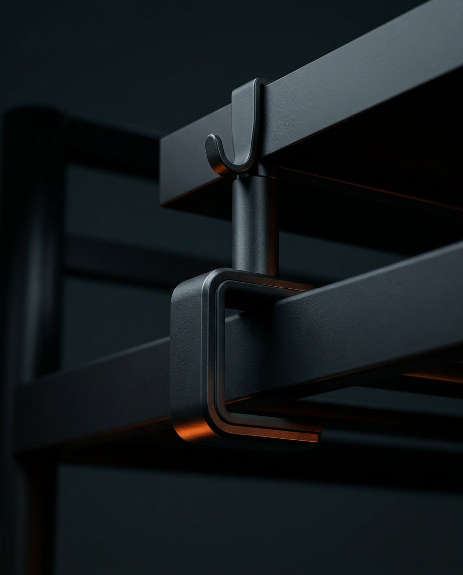 Macro of the bedside tray's black metal clamp gripping a bed frame rail