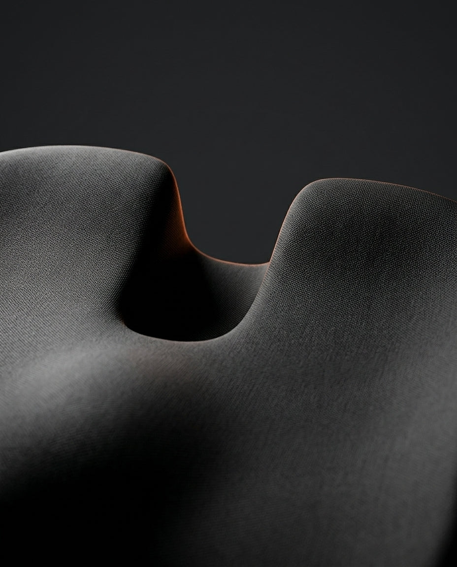 Macro of the rear coccyx cutout channel on the contoured seat cushion