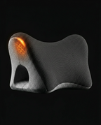 Side view of the contoured hourglass-shaped heated neck pillow on dark background