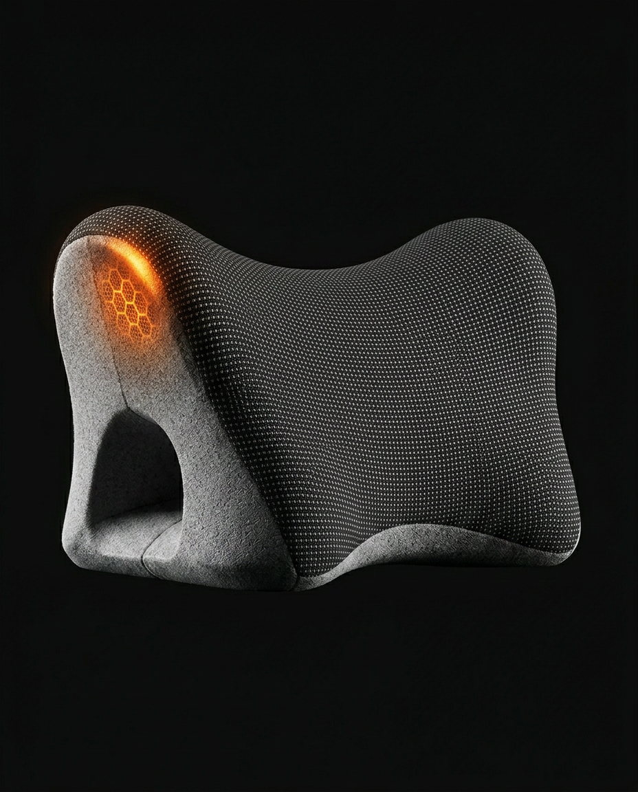 Side view of the contoured hourglass-shaped heated neck pillow on dark background