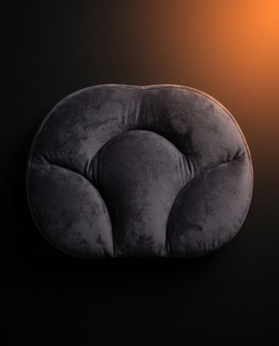 Top-down view of egg-shaped pillow showing contoured ergonomic head and neck cradle
