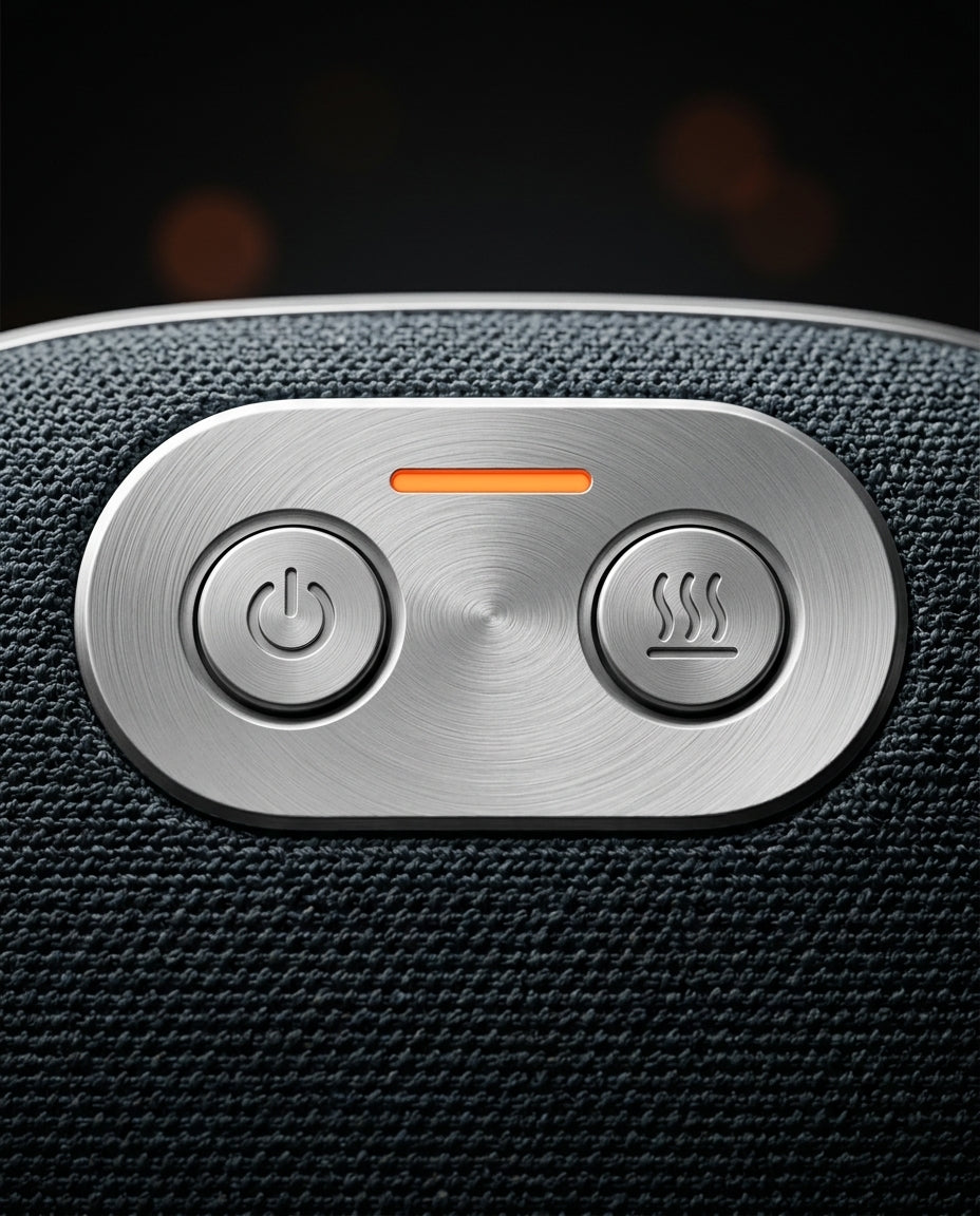 Macro of the brushed-metal control deck with power and heat buttons