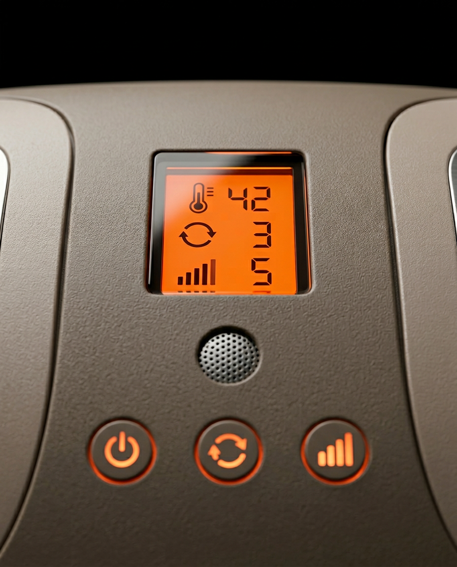Close-up of the orange backlit LCD panel showing temperature and intensity