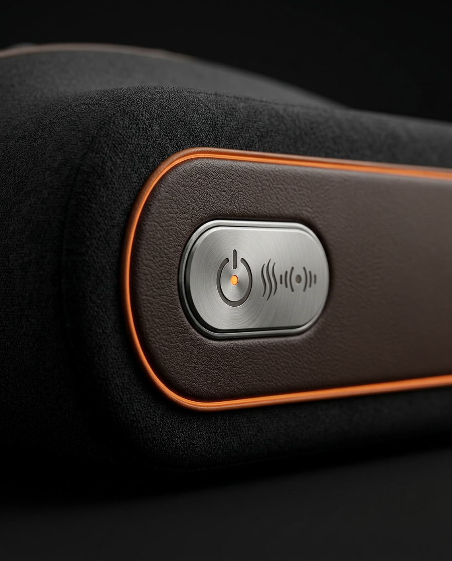 Close-up of side control panel with power, heat and massage buttons