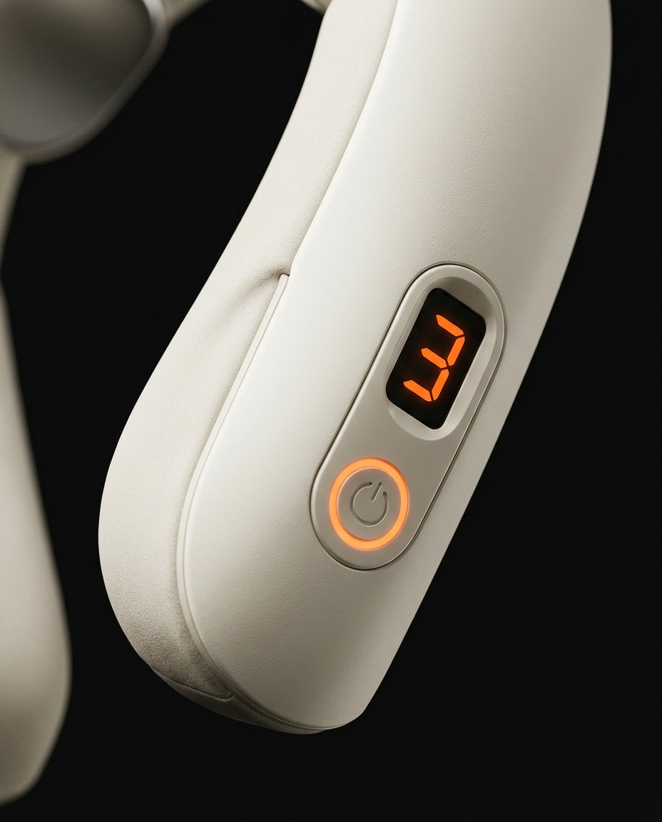Close-up of neck massager control panel with digital display and power button