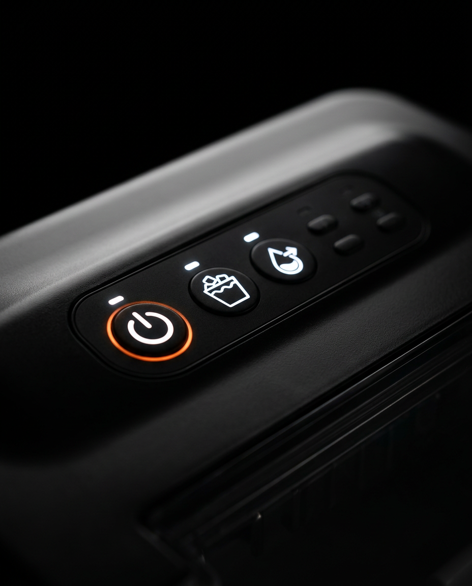 Close-up of the ice maker control panel with glowing orange power button
