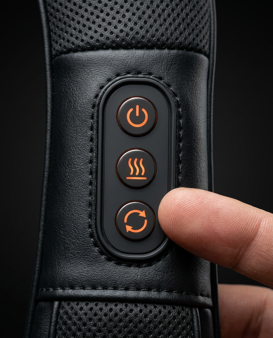 Close-up of the control buttons for power, heat and direction