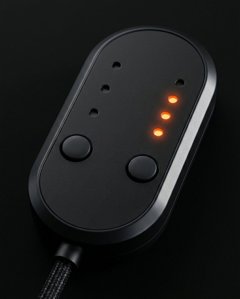 Close-up of the black control pod with glowing heat-level indicator lights