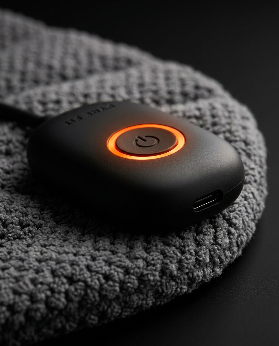 Black controller with glowing orange power button on the knit heated wrap