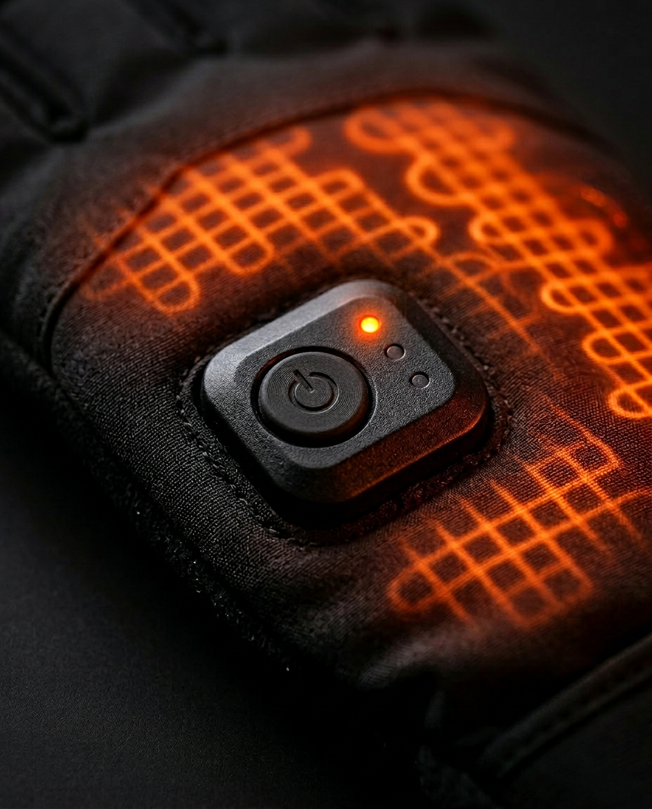 Close-up of the heated glove power button with orange LED heat indicator