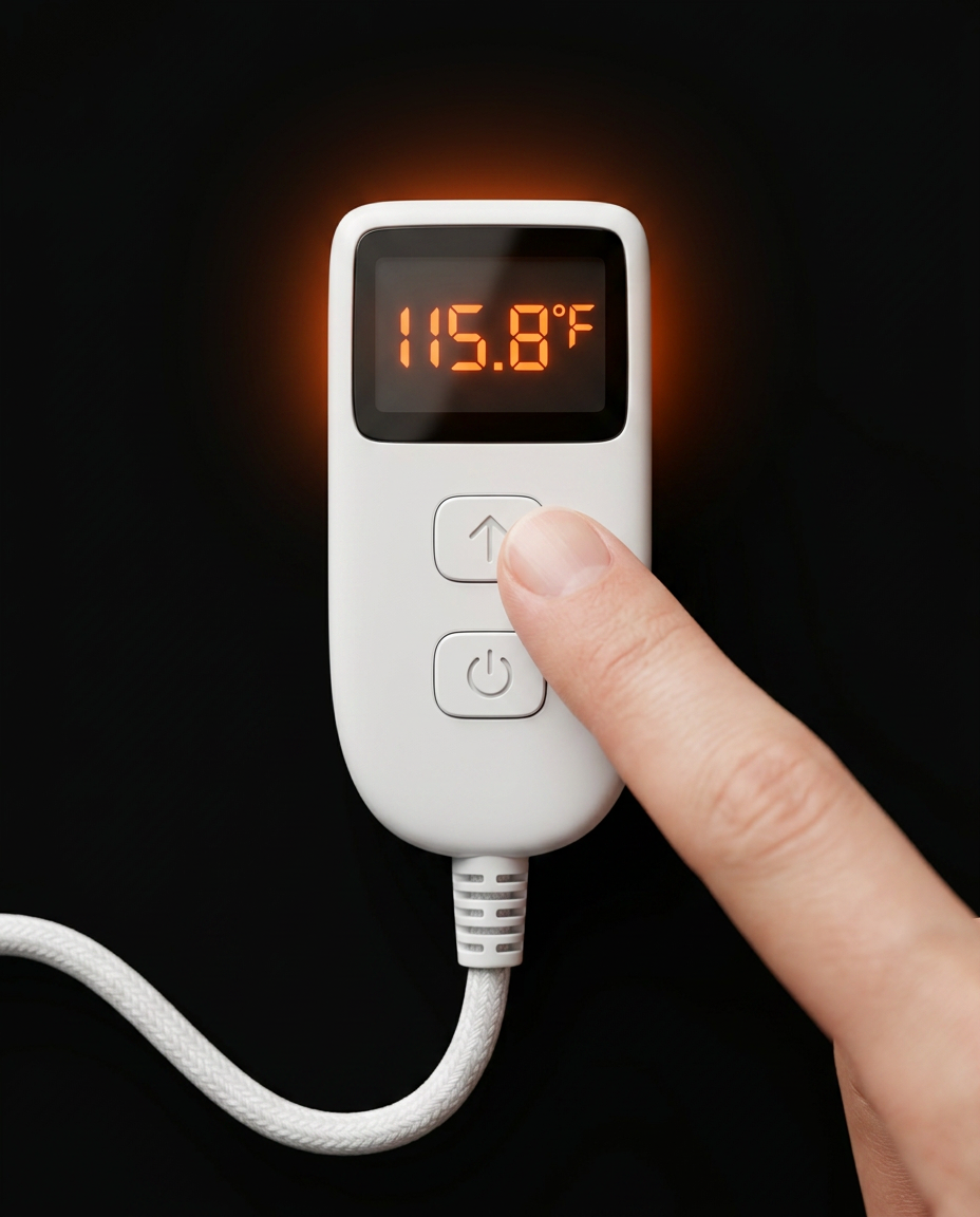Finger pressing the heater controller showing 115.8F on the LED display