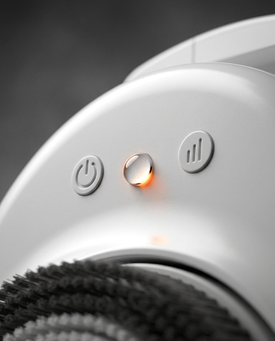 Macro of the shower scrubber's control buttons with glowing power and speed lights