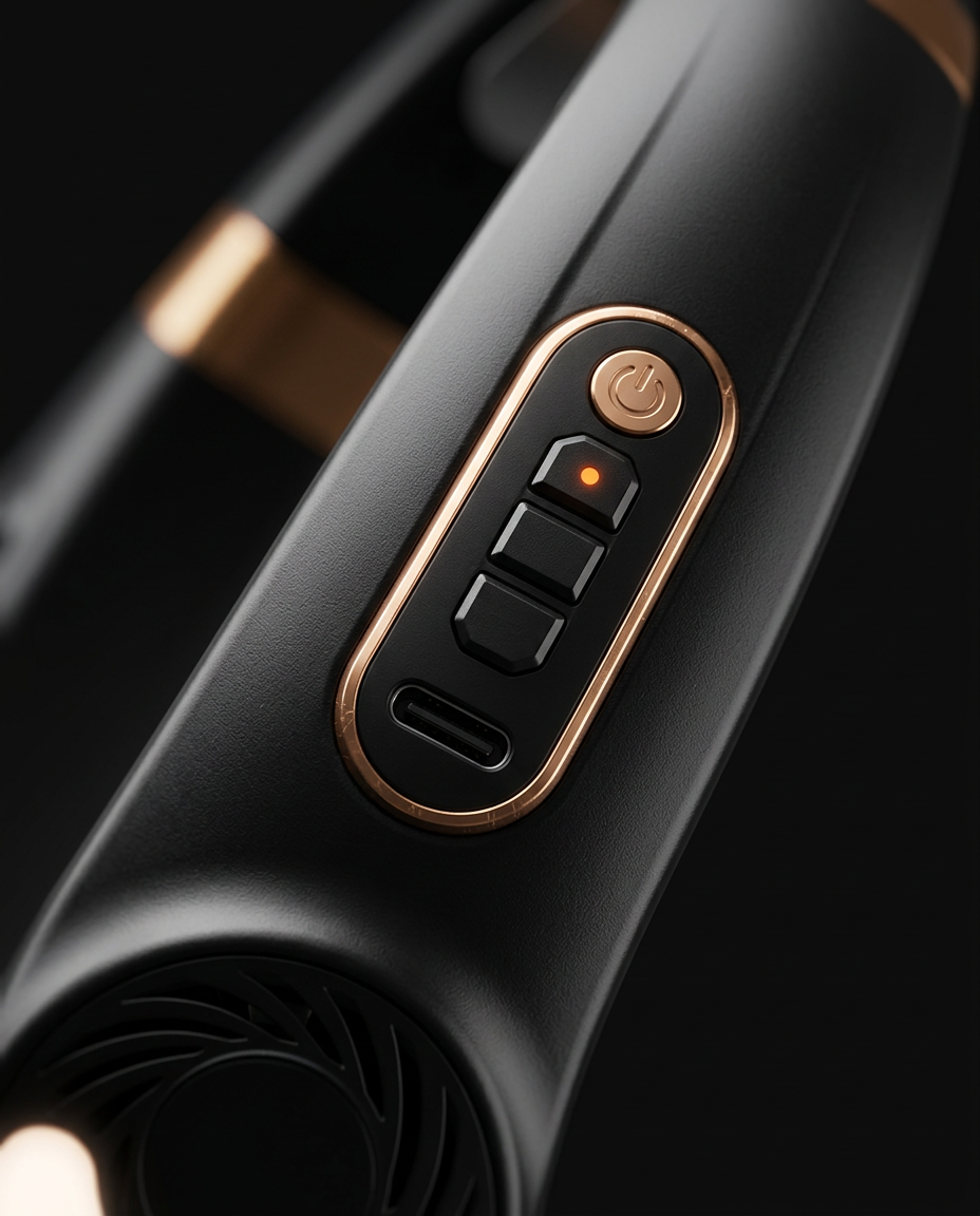Macro of the copper-ringed power button and USB-C port on the neck fan