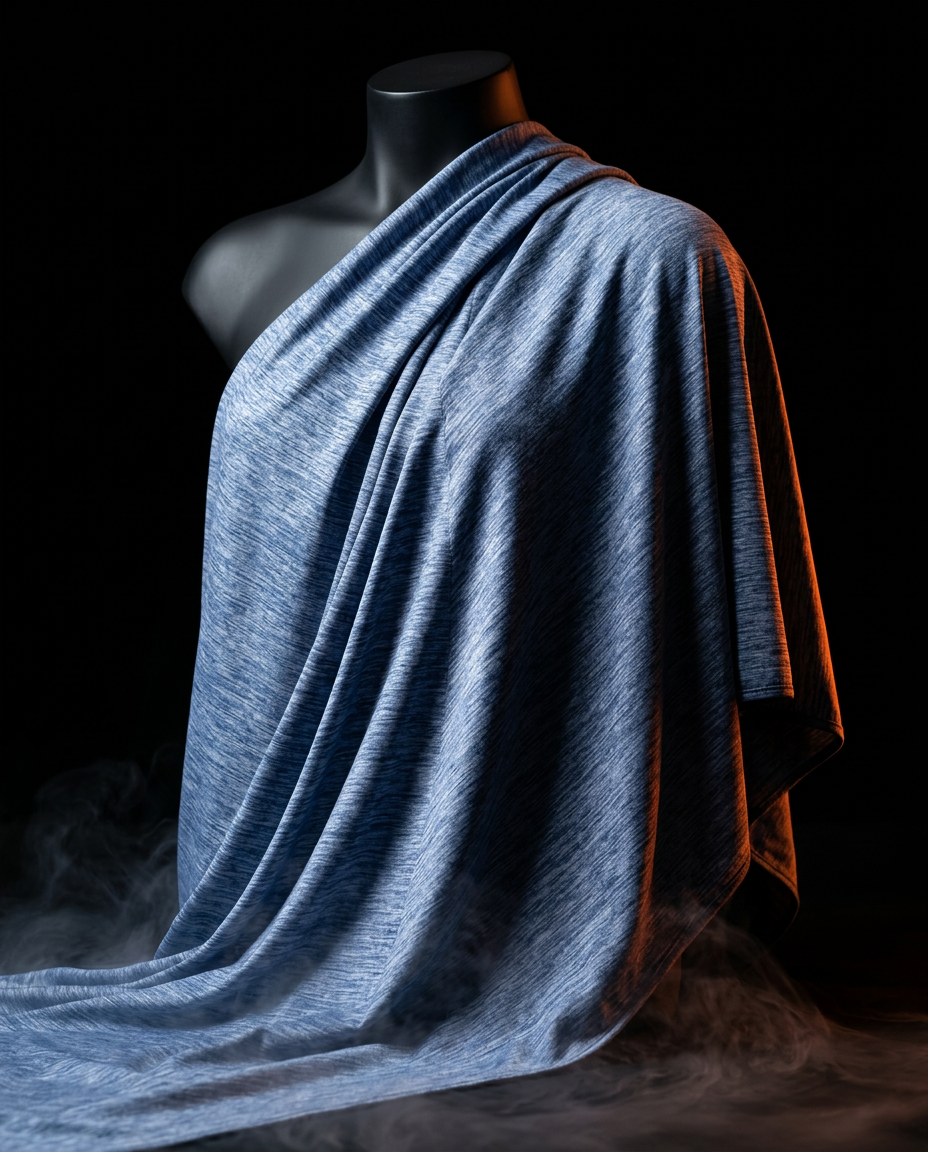 Blue cooling blanket draping fluidly over a form, showing its lightweight flow