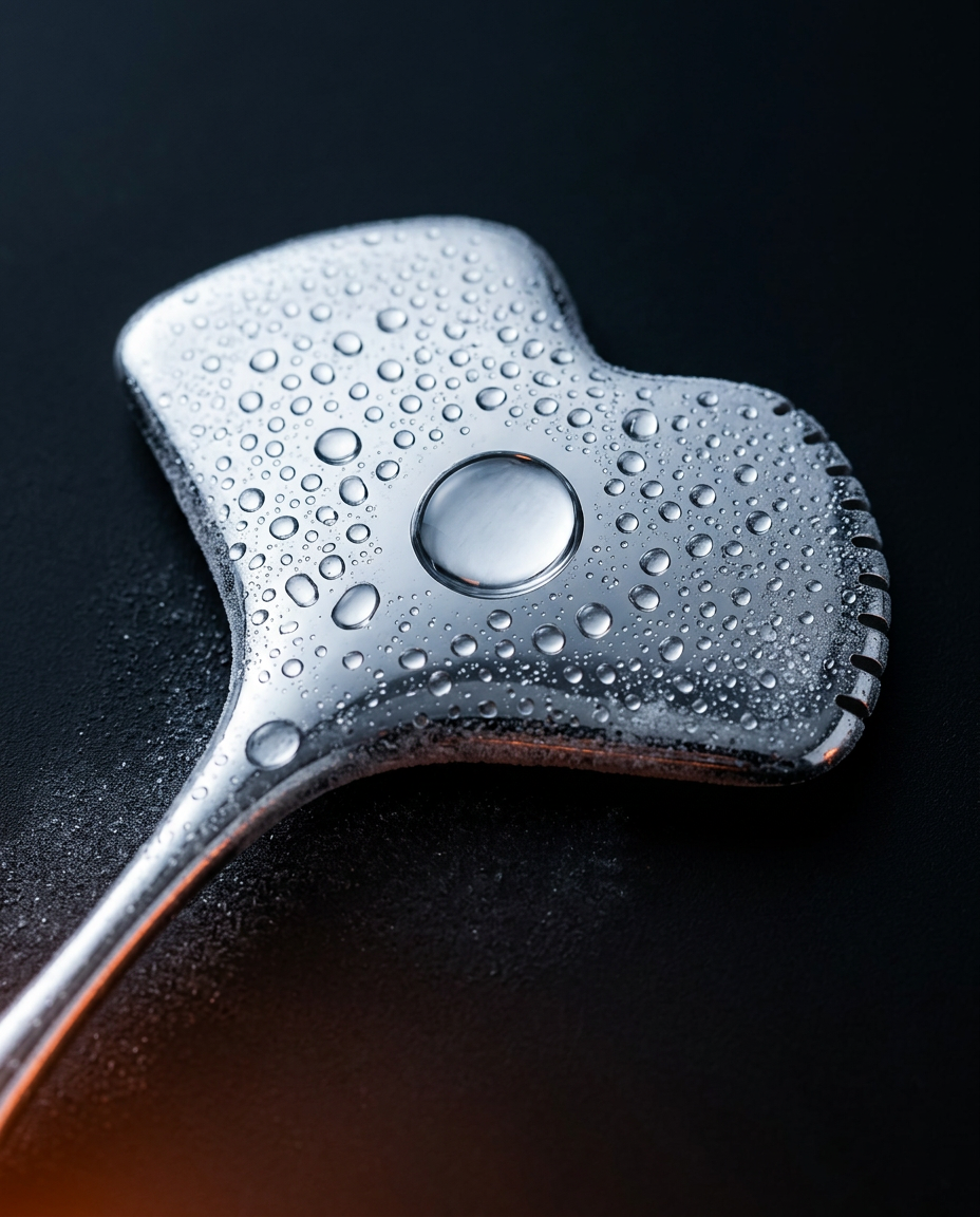 Chilled steel facial massage tool covered in cooling water droplets, macro shot