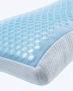 Close-up of the blue honeycomb cooling gel top and ribbed knit side