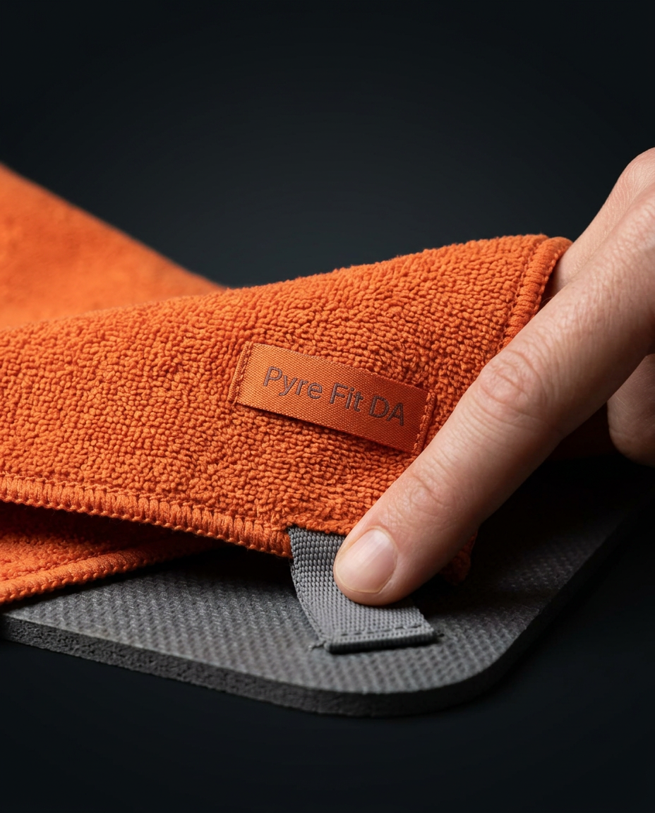 Hand holding corner of orange yoga towel with Pyre Fit tab on dark mat