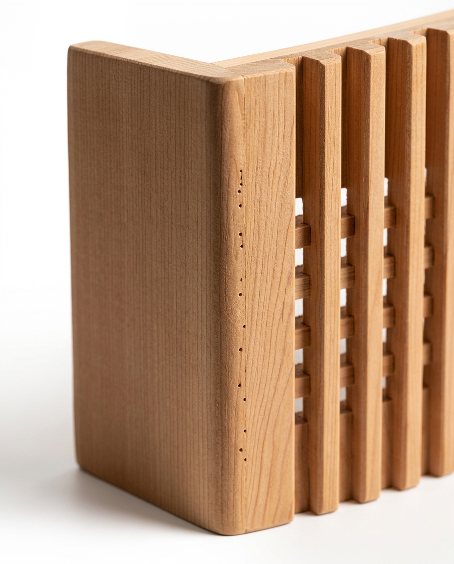 Close-up of the dovetail corner joinery on the wooden light cover