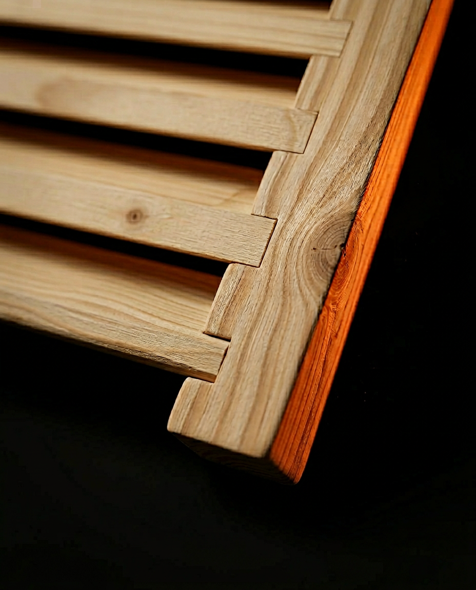 Macro of the corner joinery where the slats meet the sauna grille frame
