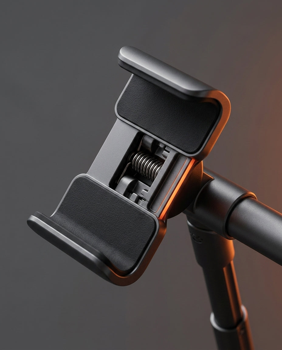Macro of the spring-loaded padded cradle grips holding the device