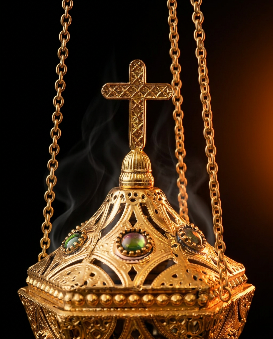Close-up of the cross finial atop the gold censer with hanging chains