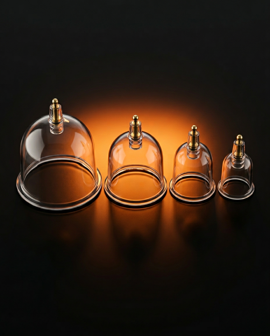 Four clear cupping cups in graduated sizes lit by warm backlight
