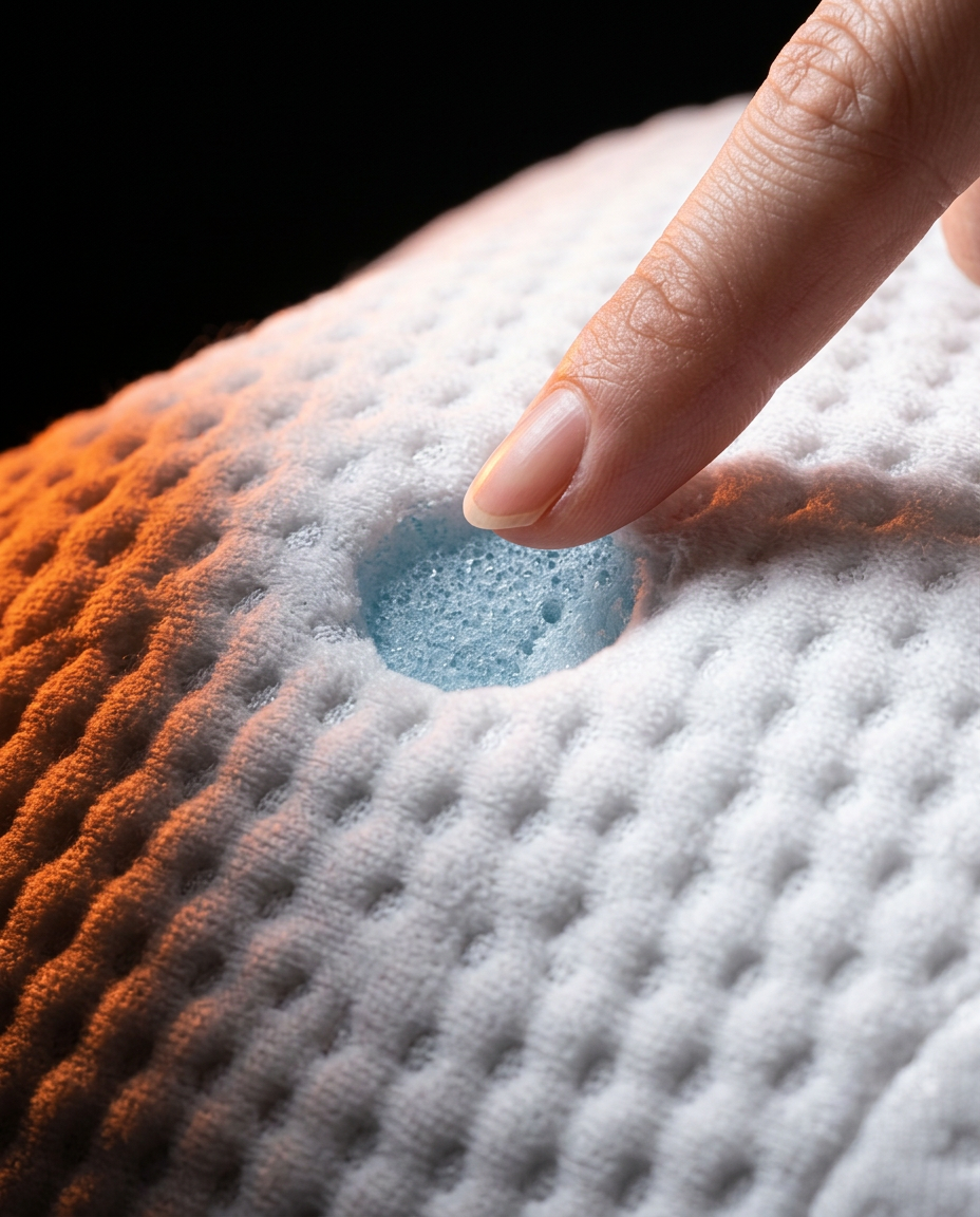 Finger pressing the dimpled fabric to show the pillow's memory foam