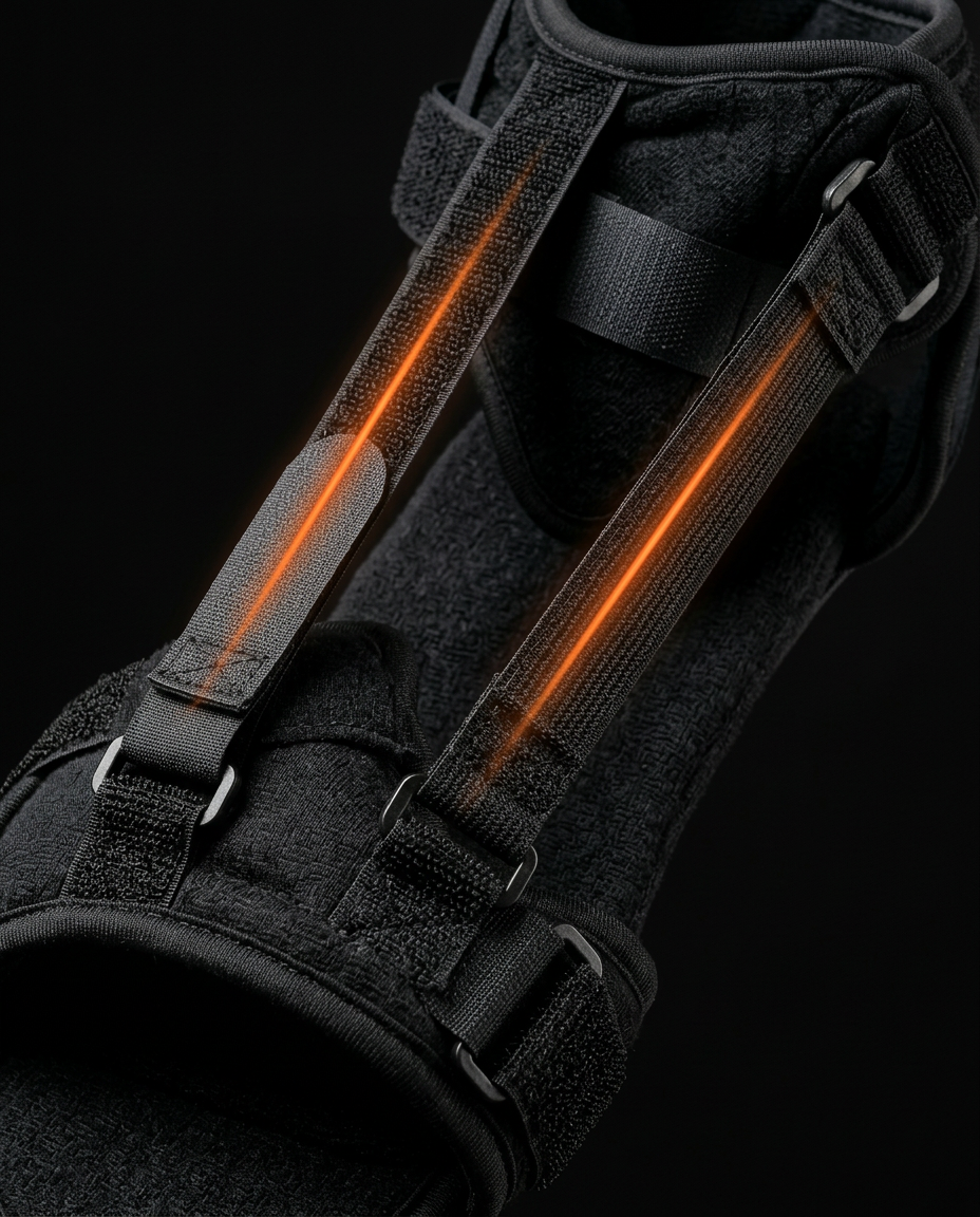 Close-up of the adjustable dorsiflexion tension straps on the brace
