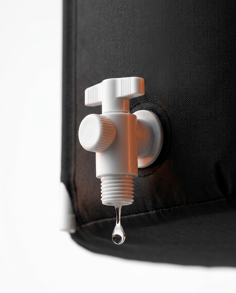 Close-up of the white quick-drain valve dripping on the ice bath tub