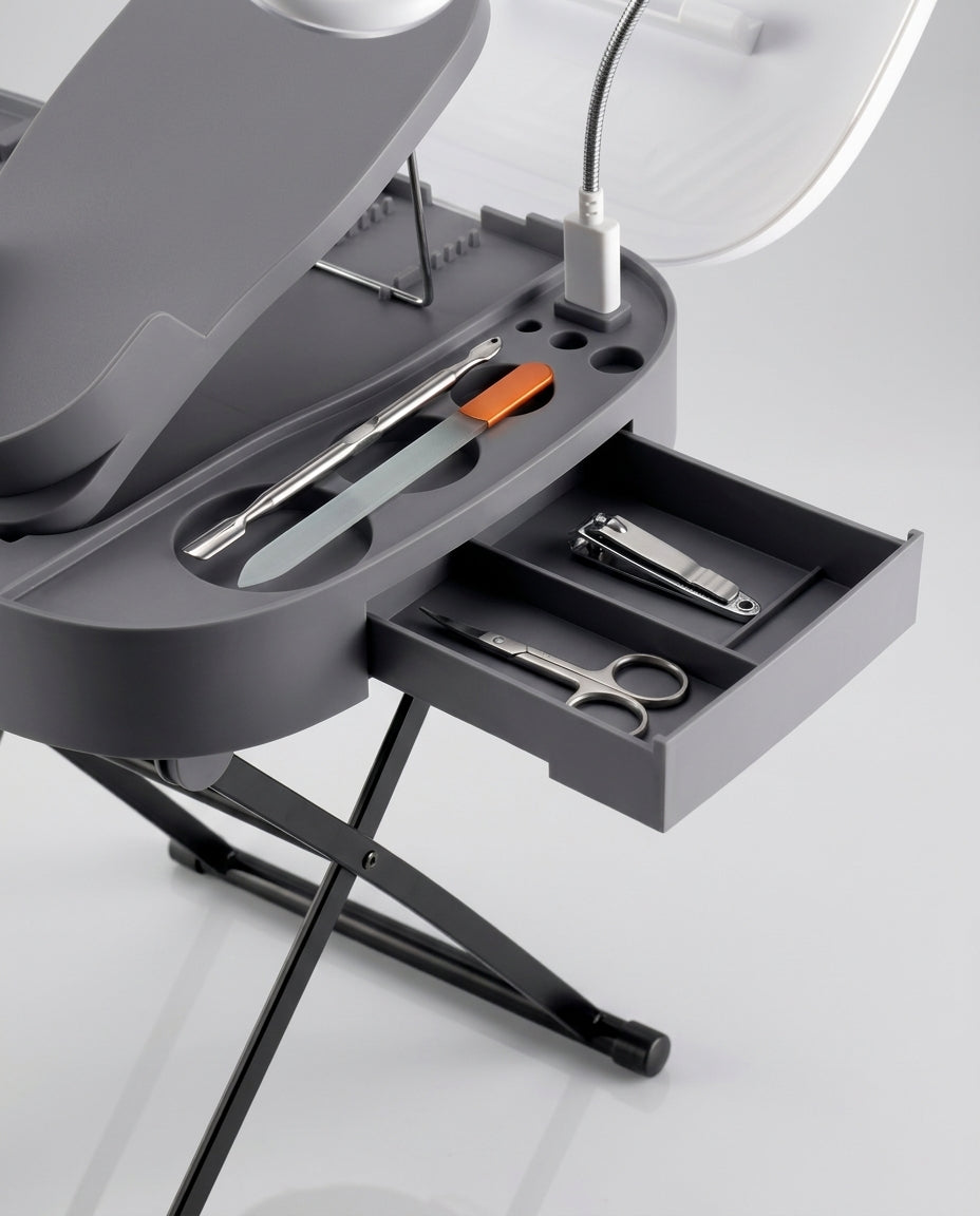 Pull-out drawer of the foot station holding nail grooming tools