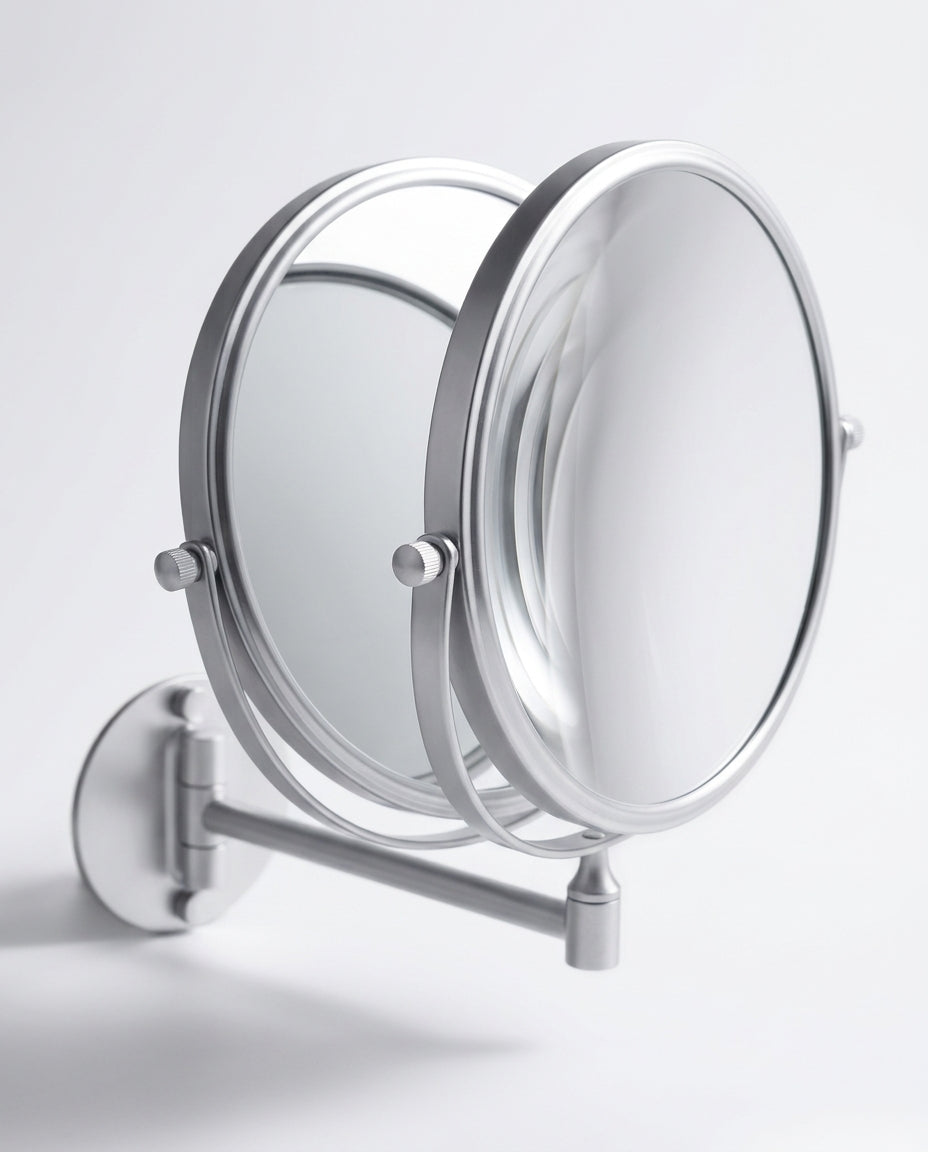 Side view of the dual-sided vanity mirror showing the convex magnifying face