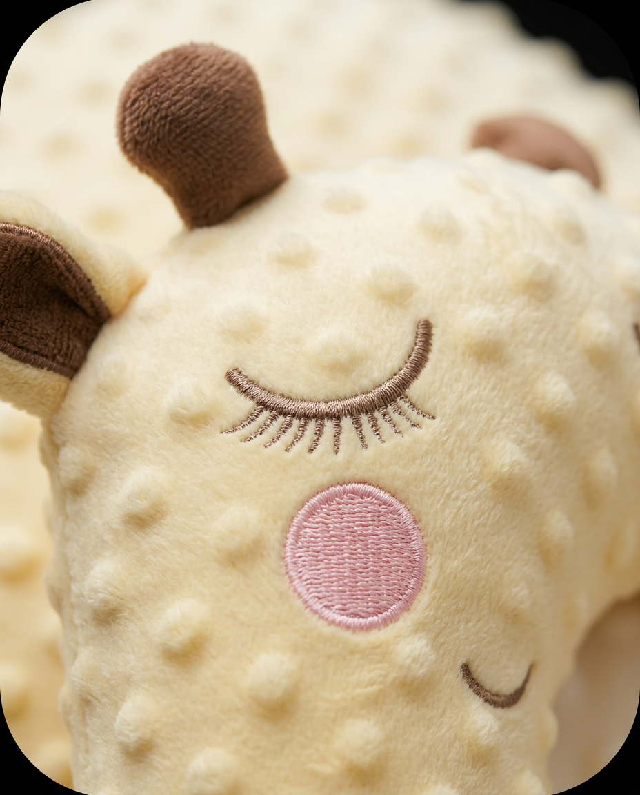 Macro of the embroidered sleepy face and ears on the baby pillow