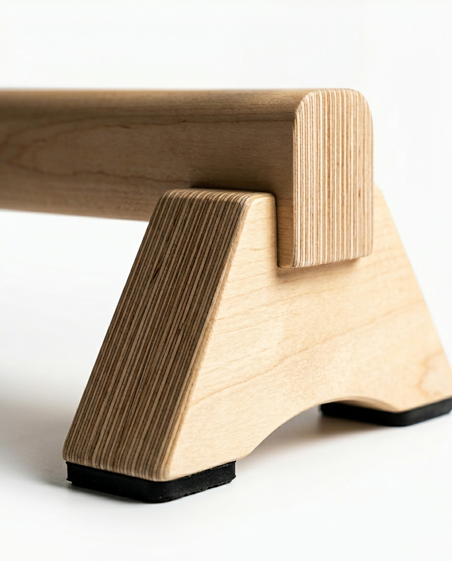 Macro of the balance bar's plywood end leg with non-slip rubber feet