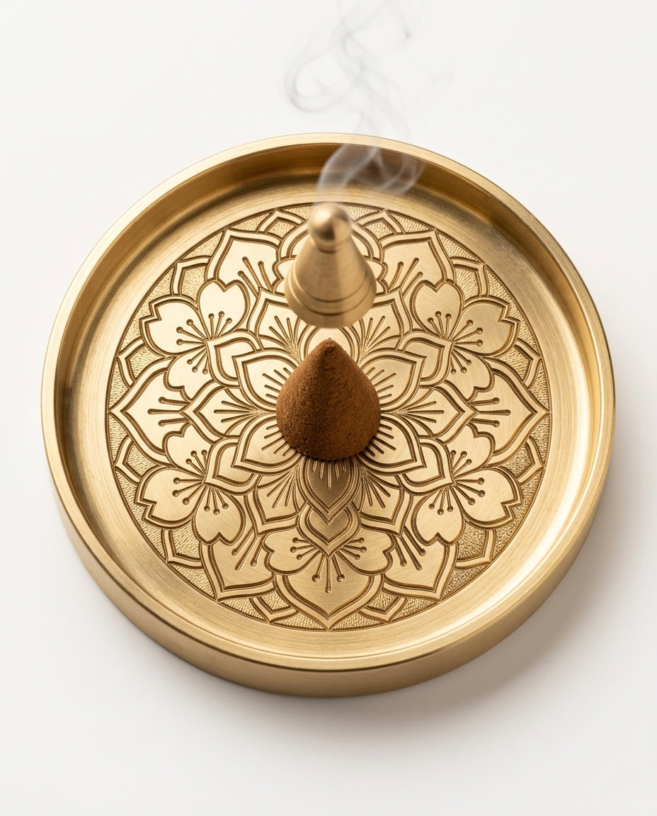 Lotus-engraved brass incense tray holding a burning cone, top view