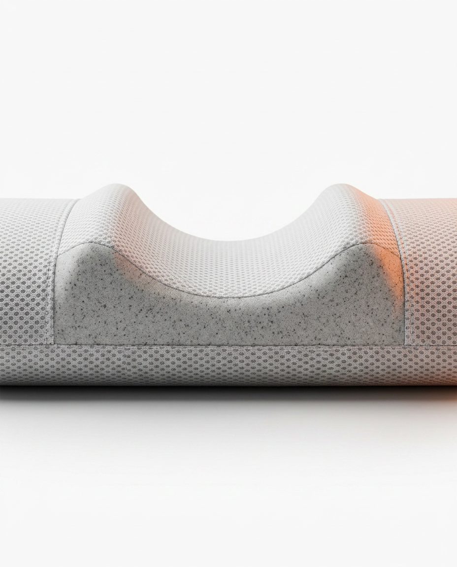Macro of the curved ergonomic neck indent on the cylindrical traction pillow