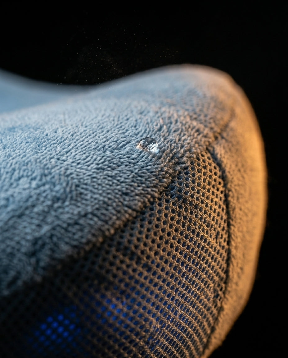 Close-up of the pillow's plush cover fabric and breathable mesh side panel