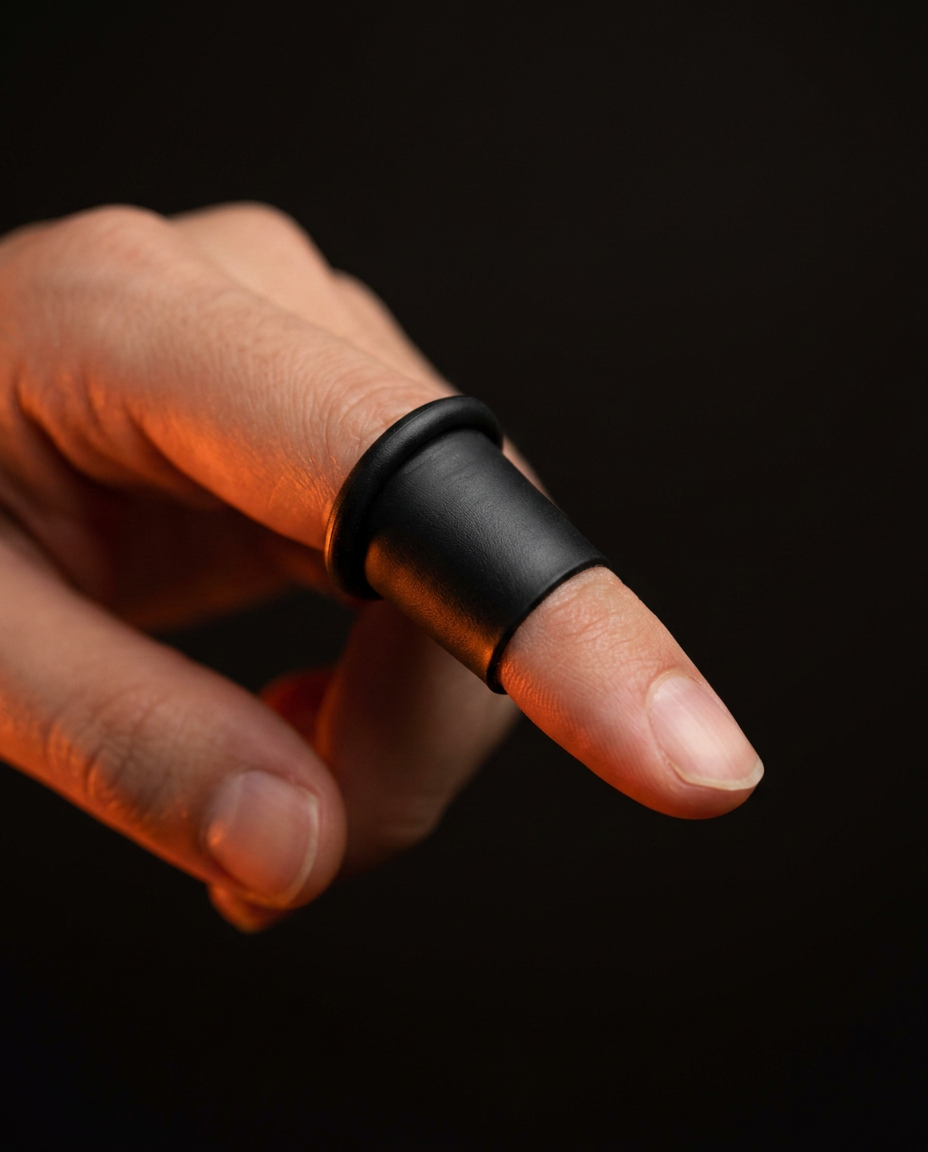Black gel sleeve worn snugly over a fingertip, close-up on dark background