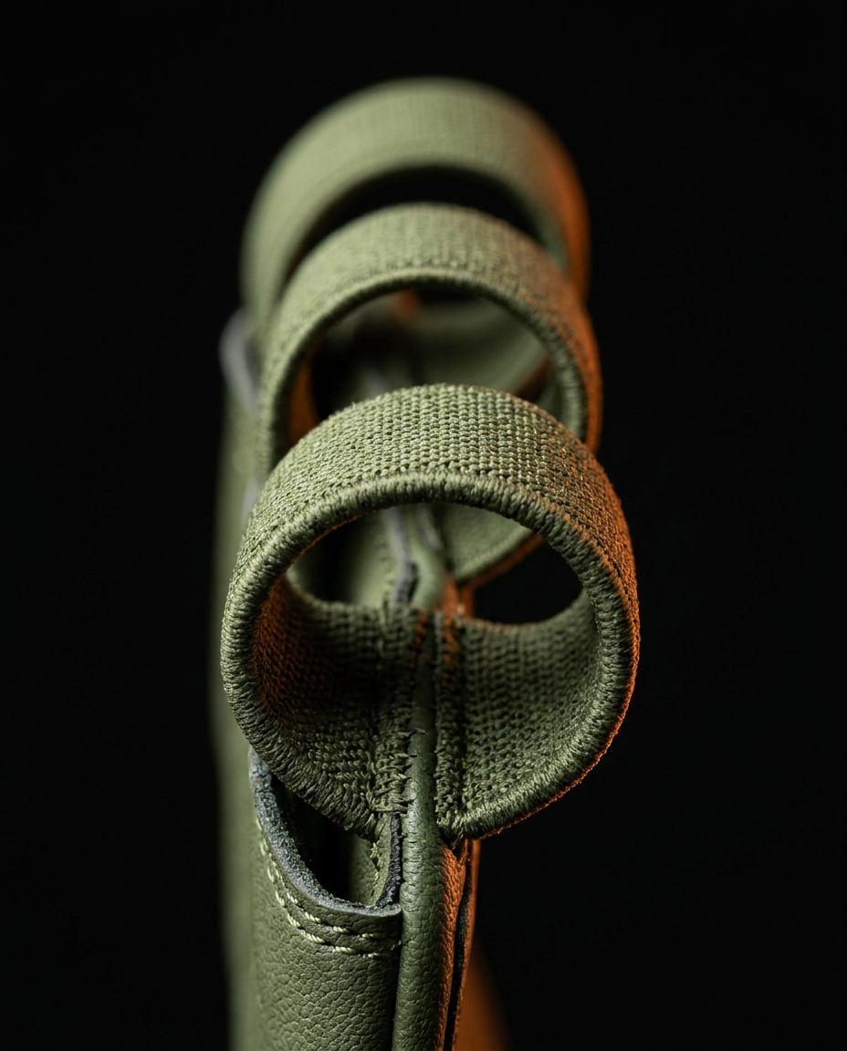 Macro of the three stitched fabric finger loops on the green grip pad