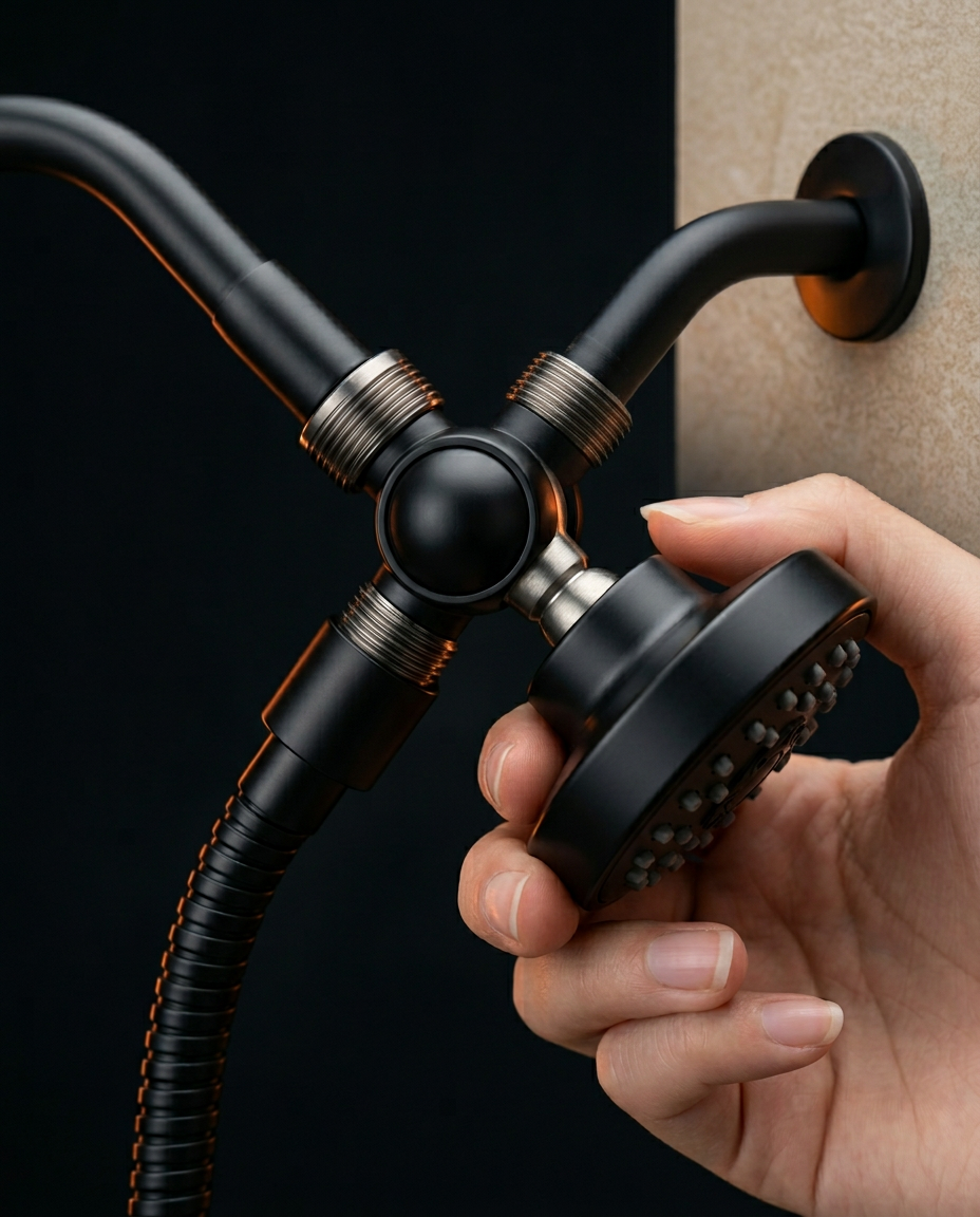 Hand adjusting the flexible swivel arm of the bronze-black dual shower head