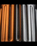 Close-up of the fluted stainless steel body in silver and copper tones
