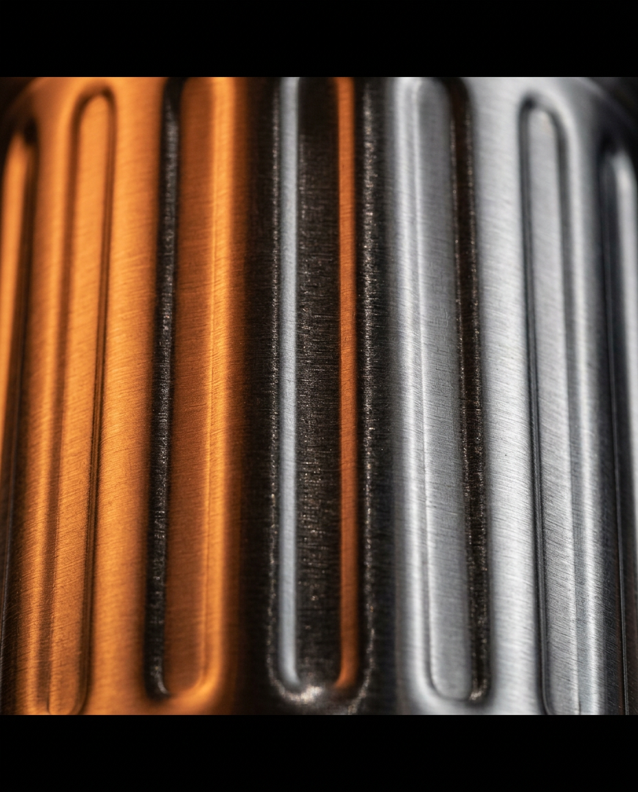 Close-up of the fluted stainless steel body in silver and copper tones