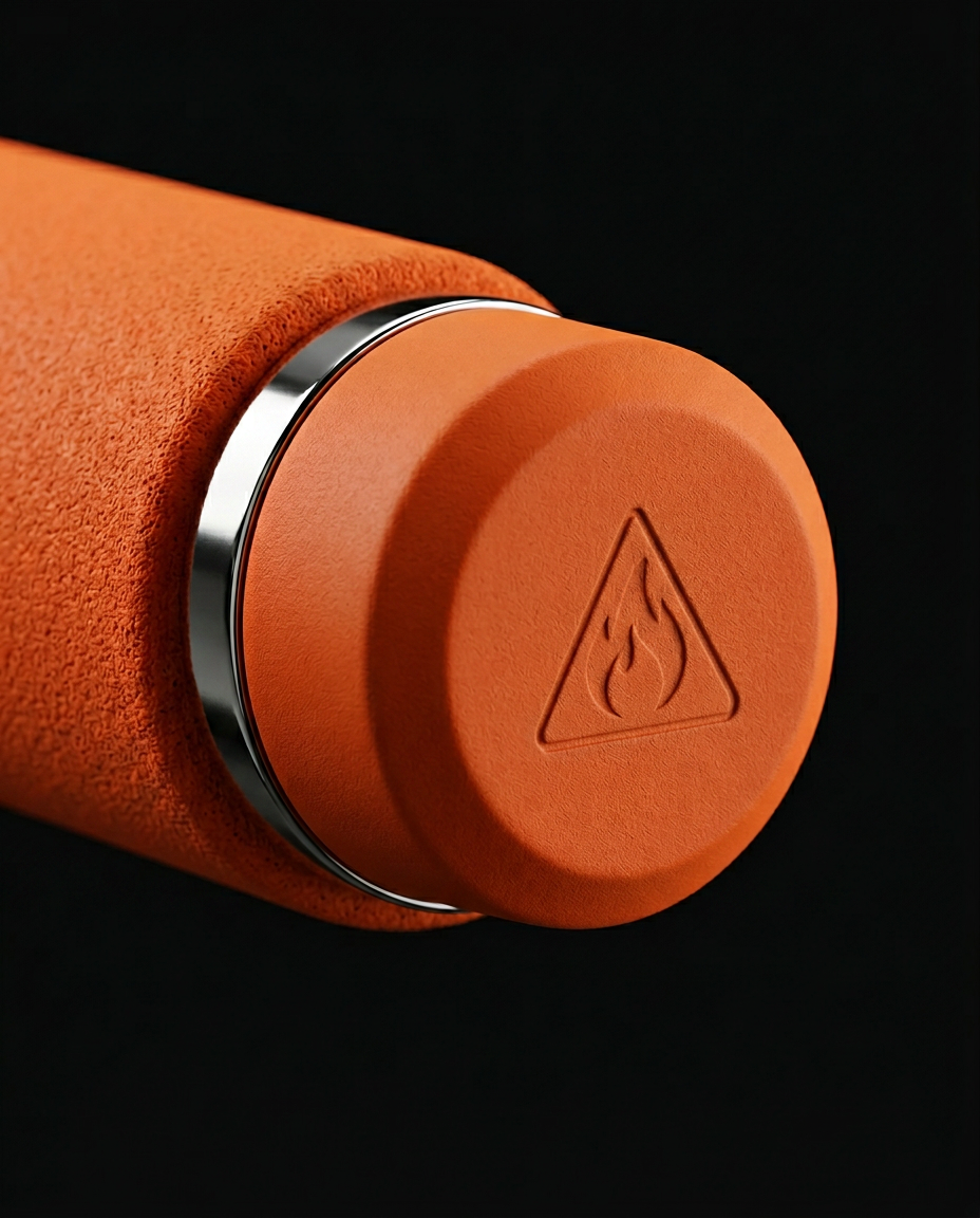 Close-up of an orange foam grip end cap with the embossed Pyre Fit flame logo
