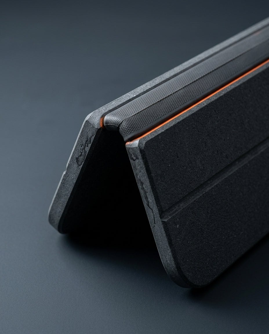 Close-up of the flexible fold hinge of the dark bath mat with orange trim