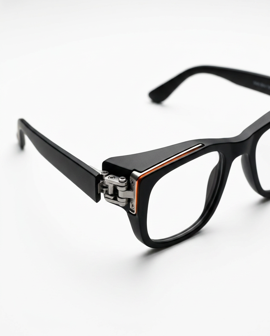 Close-up of the folding hinge on the black prism reading glasses