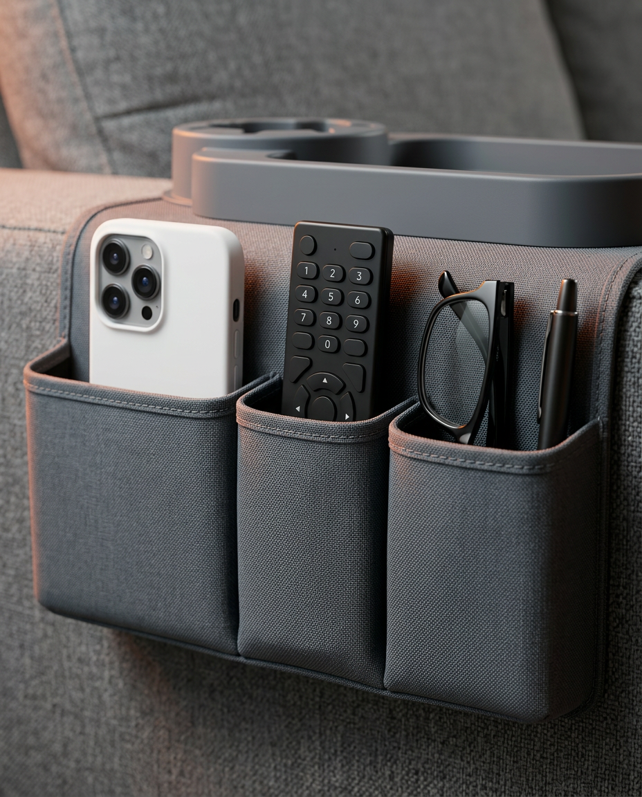 Front pockets of the organizer holding a phone, remote, glasses and pens