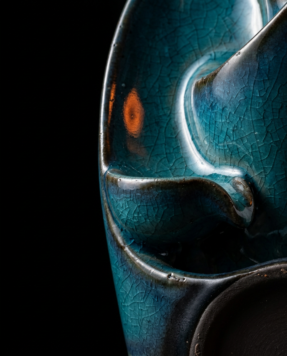 Close-up of the reactive teal crackle glaze texture on the incense burner